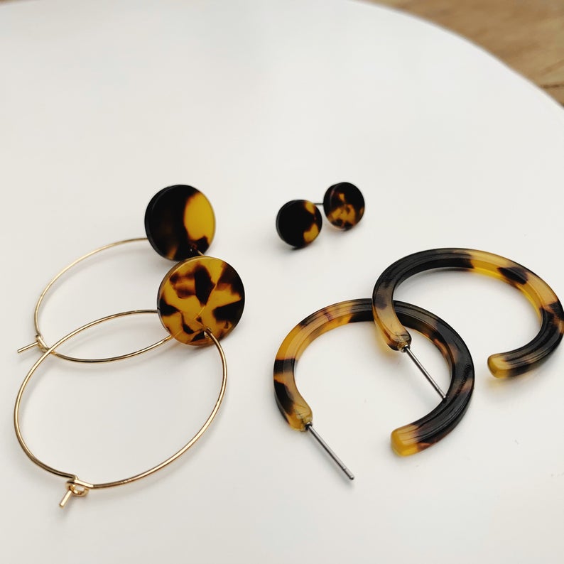 Dark Tortoise Shell Disc Gold Hoops
