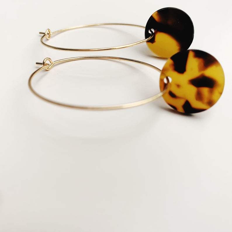 Dark Tortoise Shell Disc Gold Hoops