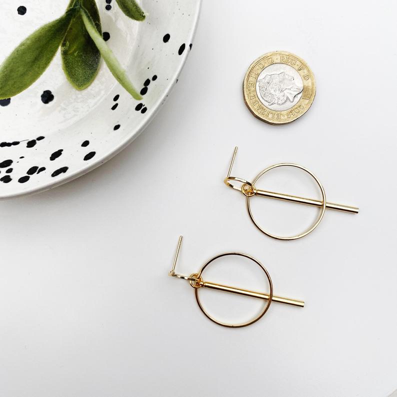 Gold Circle And Stick Stud Earrings