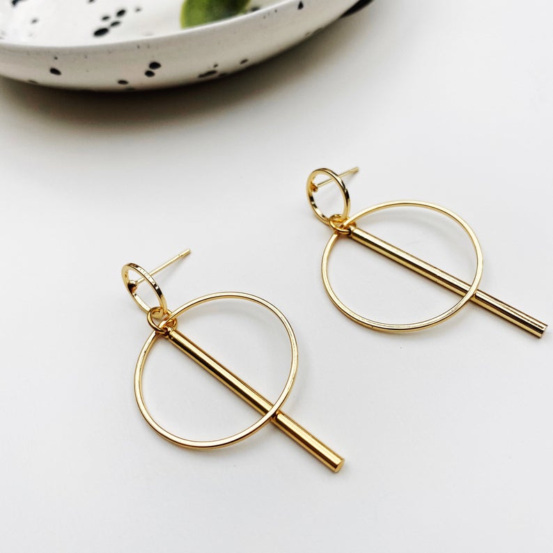 Gold Circle And Stick Stud Earrings
