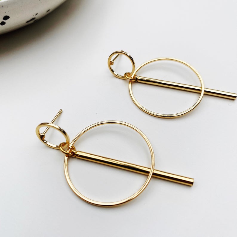 Gold Circle And Stick Stud Earrings