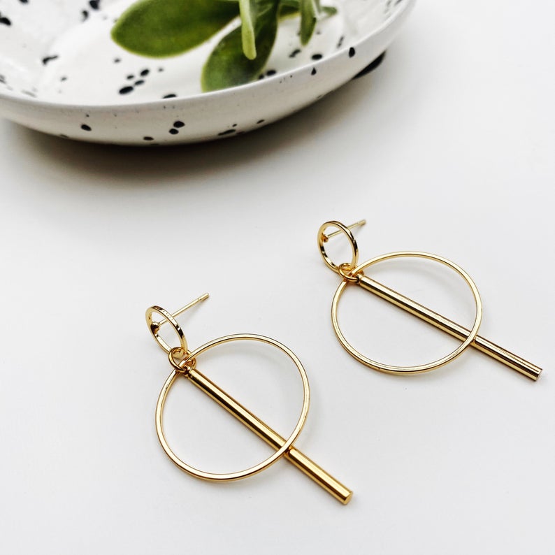 Gold Circle And Stick Stud Earrings