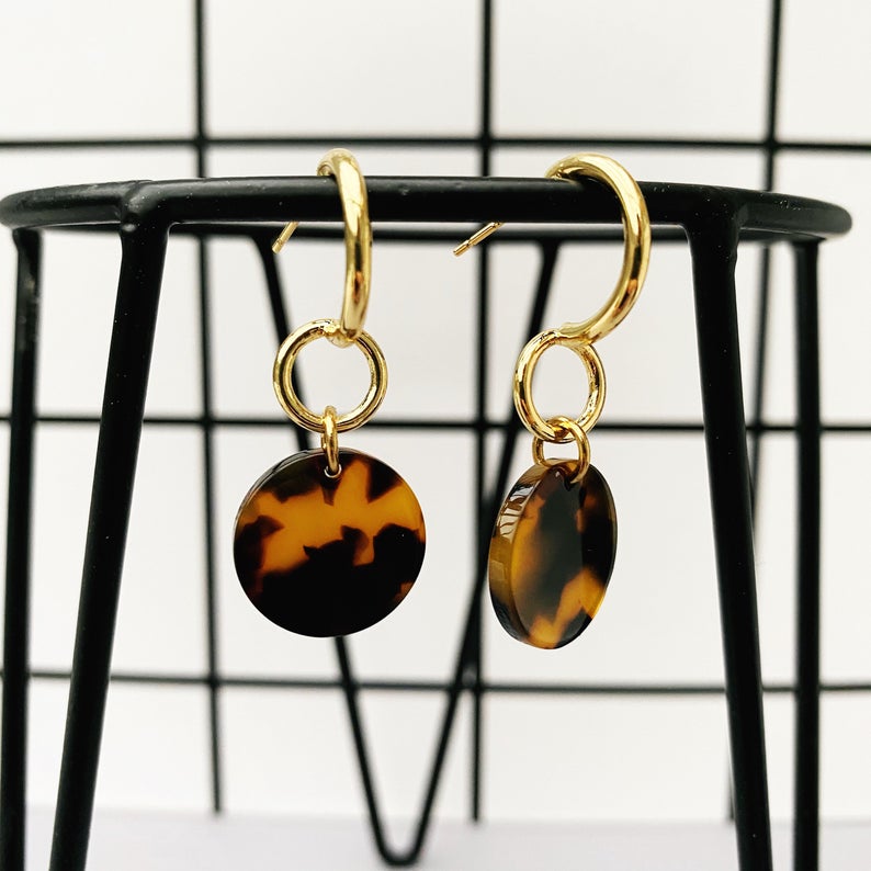 Dark Tortoise Shell Disc Gold Stud Hoops
