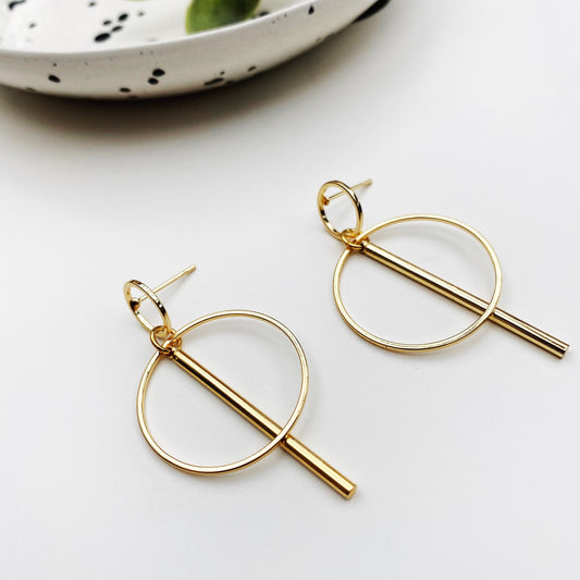 Gold Circle And Stick Stud Earrings